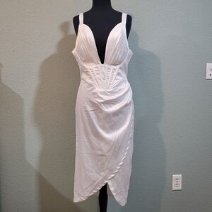 White Satin Pleated Bodice Bodycon Dress